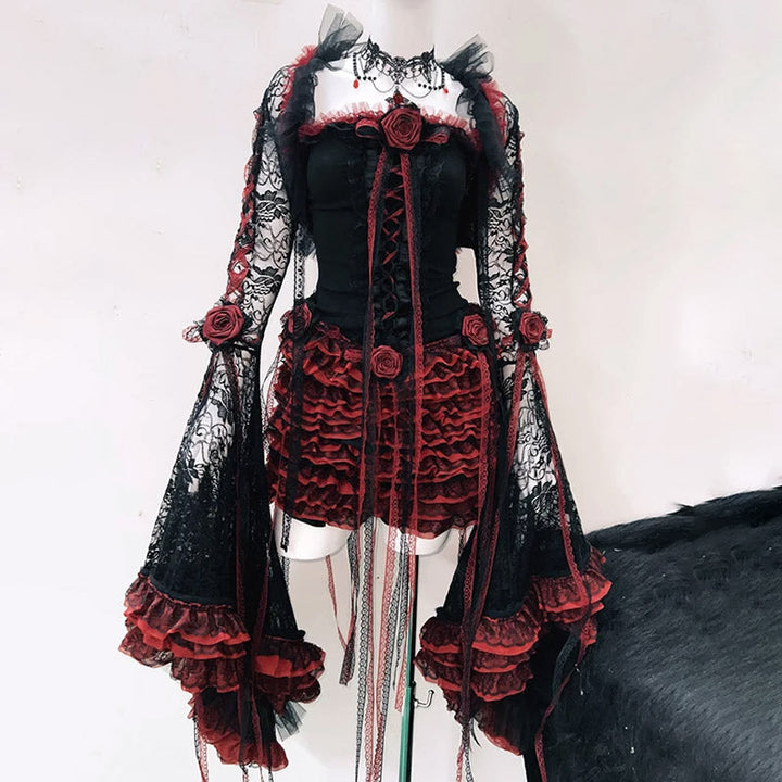 Long flared sleeve lace flower applique mini skirt set  | Festival Outfits Women