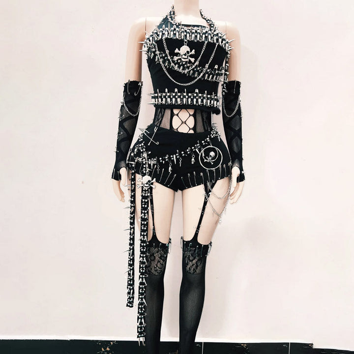 Halter hollow out metal chain rivet applique pant set  | Festival Outfits Women