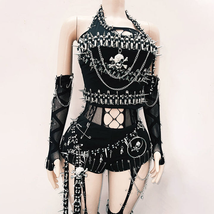 Halter hollow out metal chain rivet applique pant set  | Festival Outfits Women