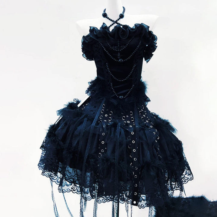 Beaded ruffle halter lace hem mini skirt set  | Festival Outfits Women