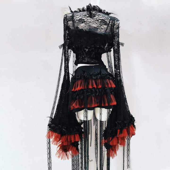 Long flared sleeve flower applique lace mini skirt set  | Festival Outfits Women