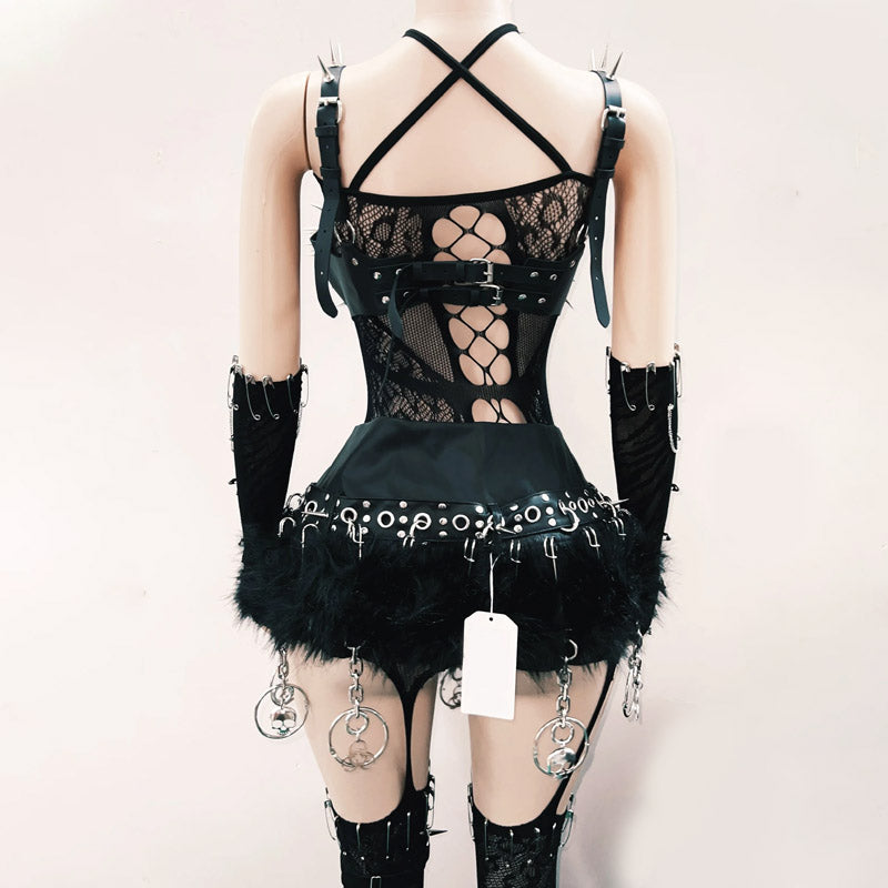 Hollow out rivet applique metal chain o ring cut out top  | Festival Outfits Women
