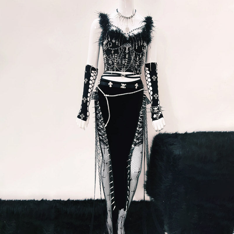Feather metal chain beaded v neck cami top  | Festival Outfits Women