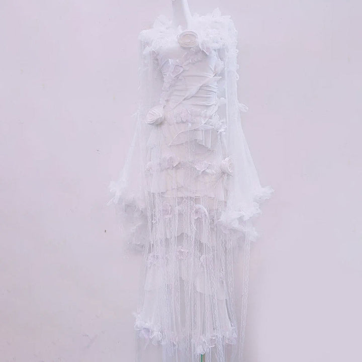 Long flared sleeve flower applique lace hem maxi dress  | Festival Outfits Women
