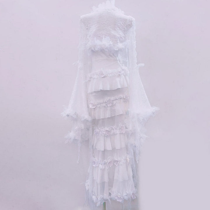 Long flared sleeve flower applique lace hem maxi dress  | Festival Outfits Women