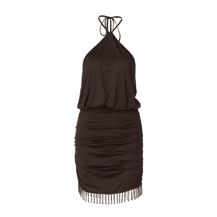 Self tie halter ruched tassels mini dress  | Festival Outfits Women