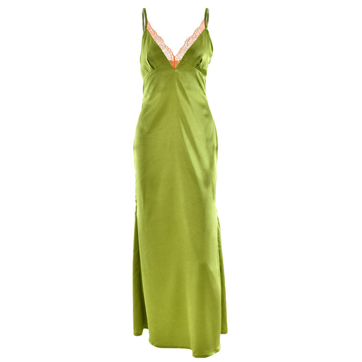 Satin lace hem v neck zip-up cami maxi dress  | Festival Outfits Women