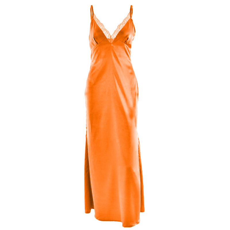 Satin lace hem v neck zip-up cami maxi dress  | Festival Outfits Women