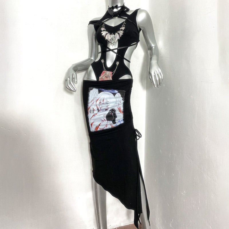 Hollow out crewneck portrait pattern bodysuit  | Festival Outfits Women