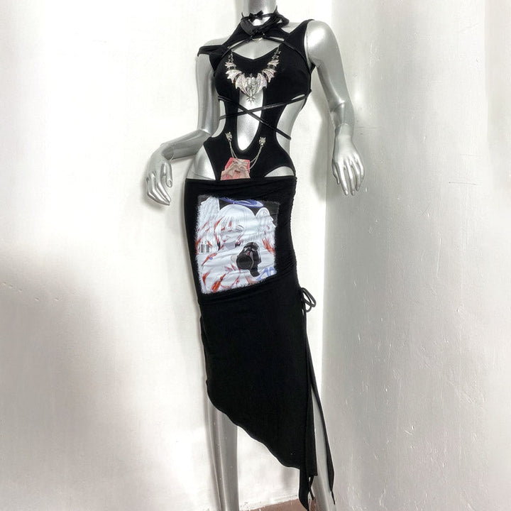 Hollow out crewneck portrait pattern bodysuit  | Festival Outfits Women