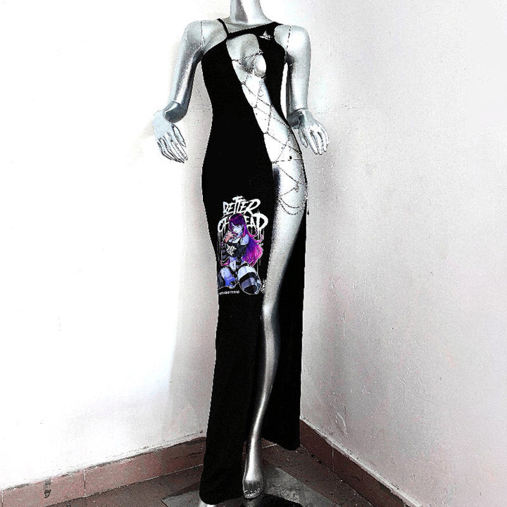 Irregular metal chain portrait pattern high slit maxi dress  | Festival Outfits Women