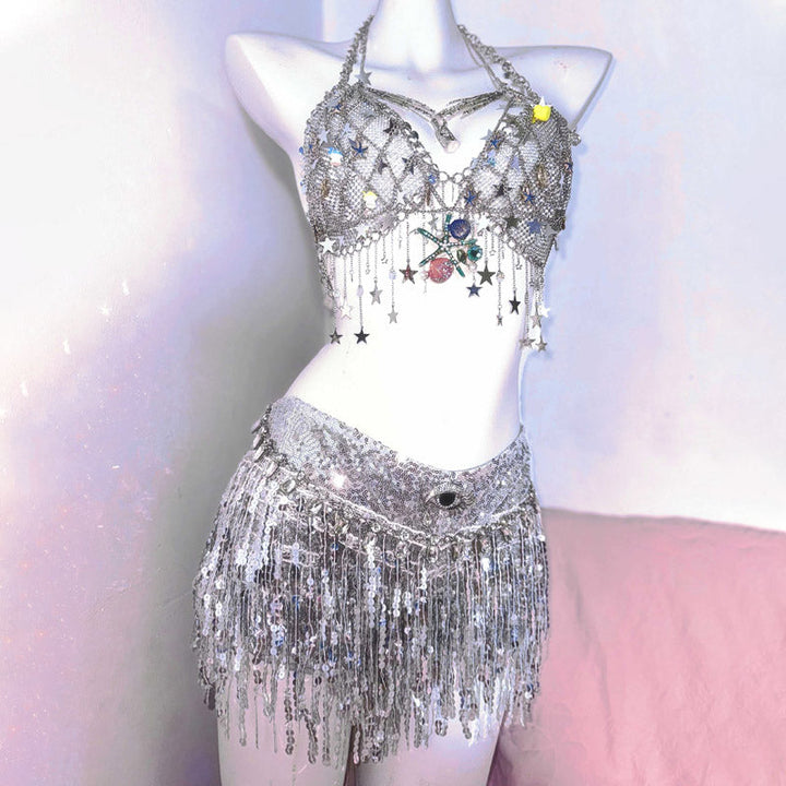 Metal chain v neck tassels hollow out cut out top  | Festival Outfits Women