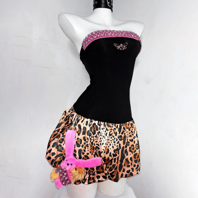 Leopard print beaded backless tube mini dress  | Festival Outfits Women  | Leopard Print Mini Dress