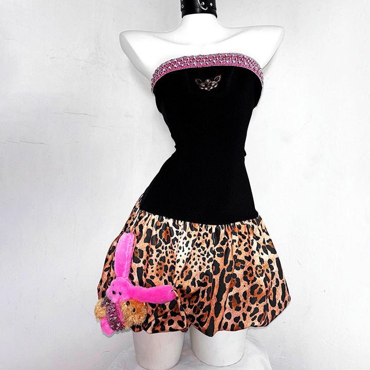 Leopard print beaded backless tube mini dress  | Festival Outfits Women  | Leopard Print Mini Dress