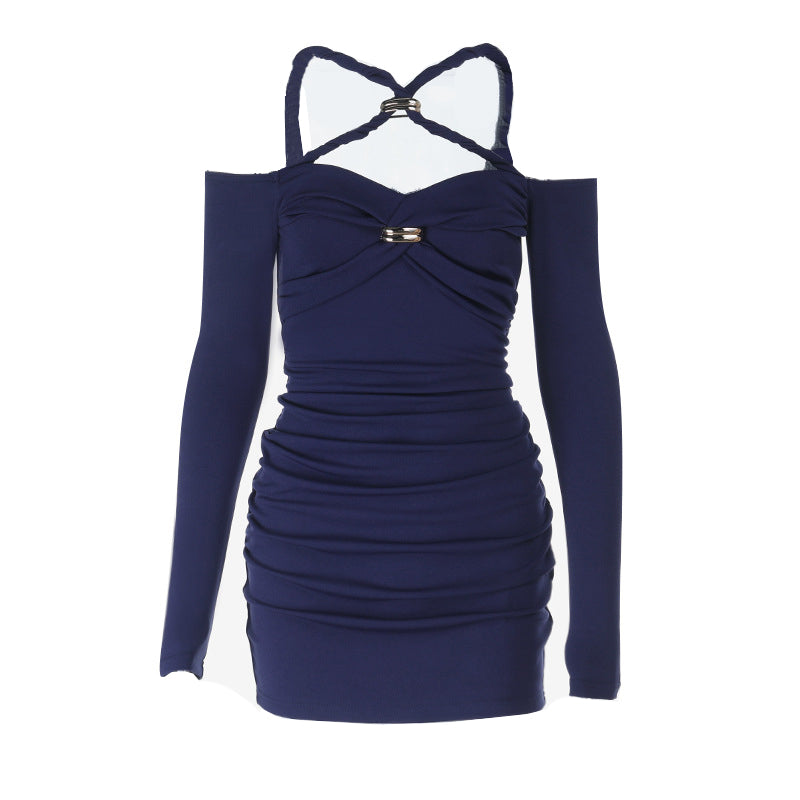 Cross front off shoulder ruched solid mini dress  | Festival Outfits Women