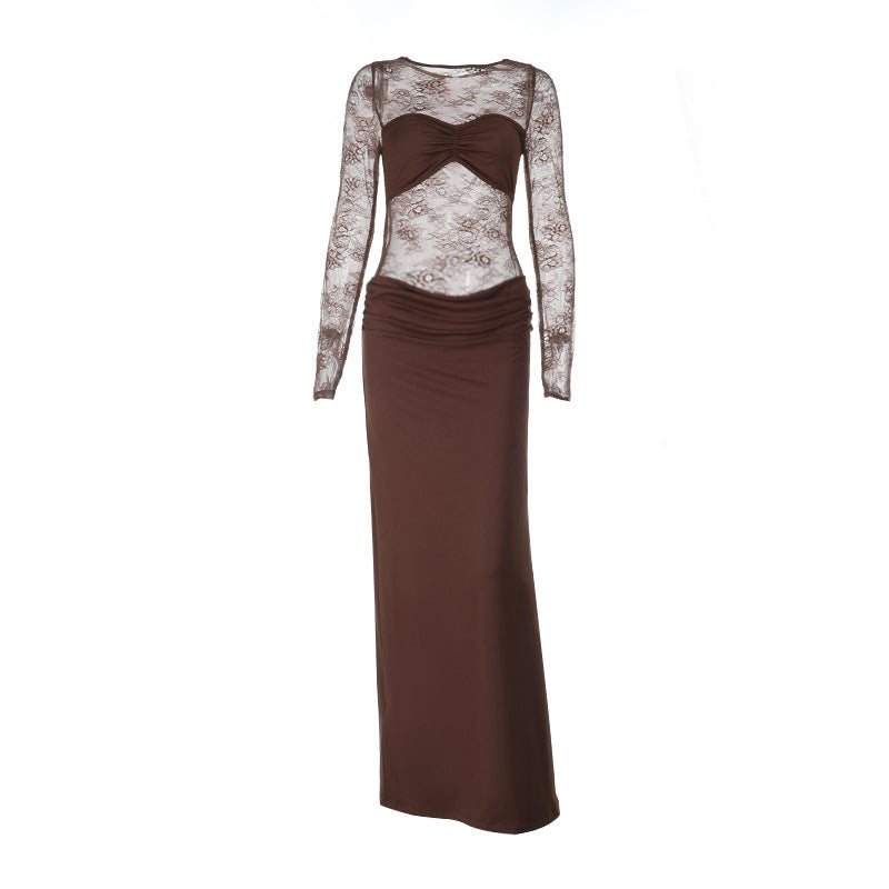 Long sleeve lace patchwork ruched maxi dress  | Festival Outfits Women