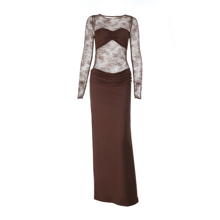 Long sleeve lace patchwork ruched maxi dress  | Festival Outfits Women