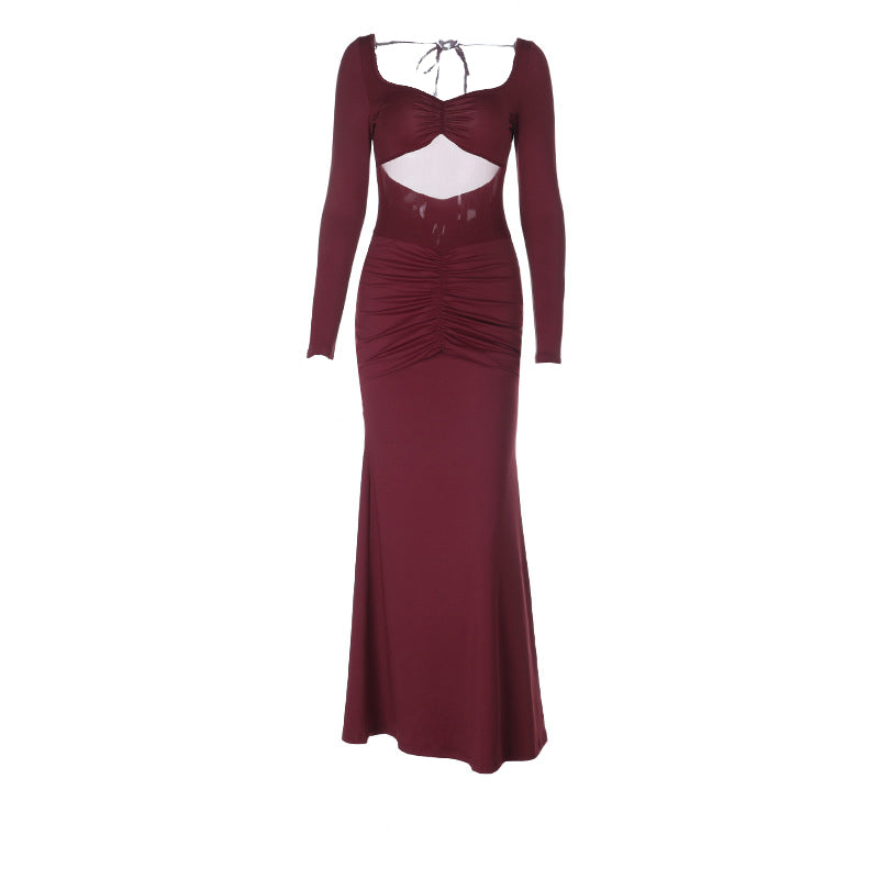 Long sleeve hollow out ruched mesh patchwork cut out maxi dress  | Festival Outfits Women