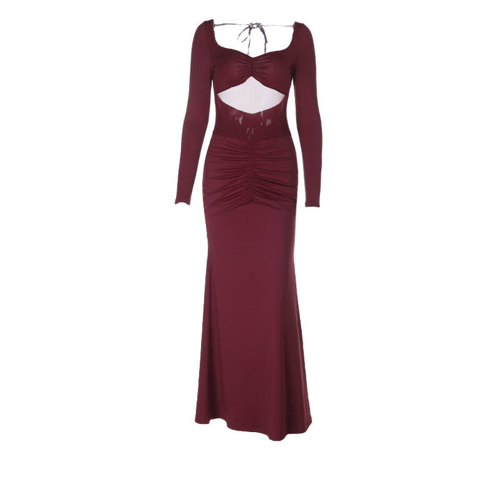 Long sleeve hollow out ruched mesh patchwork cut out maxi dress  | Festival Outfits Women