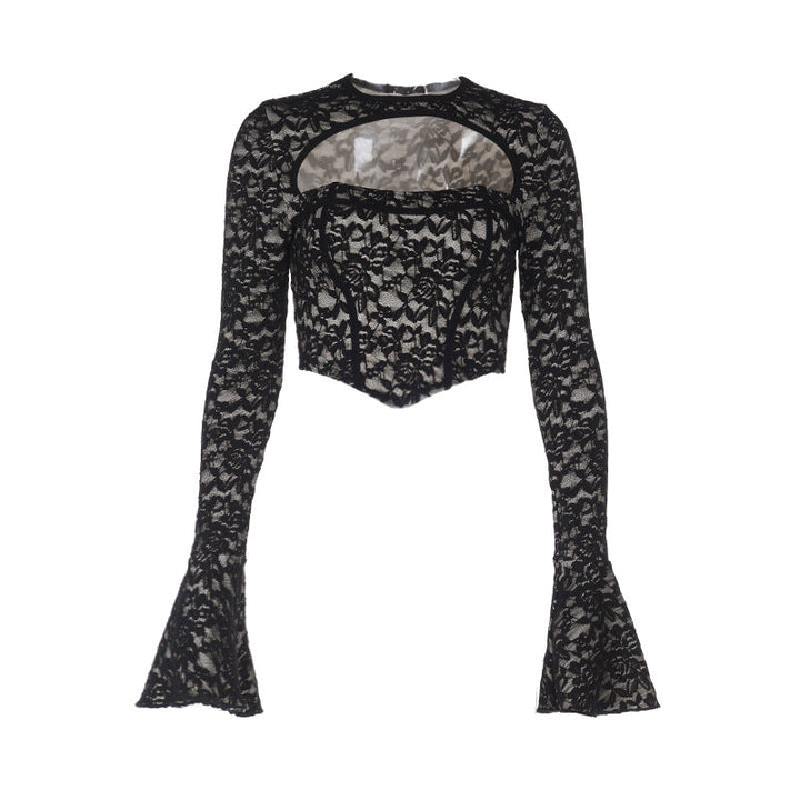 Long flared sleeve crewneck lace hollow out cut out top  | Festival Outfits Women