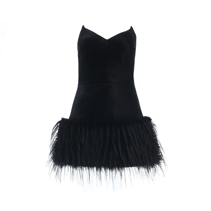 V neck fluffy velvet zip-up mini dress  | Festival Outfits Women