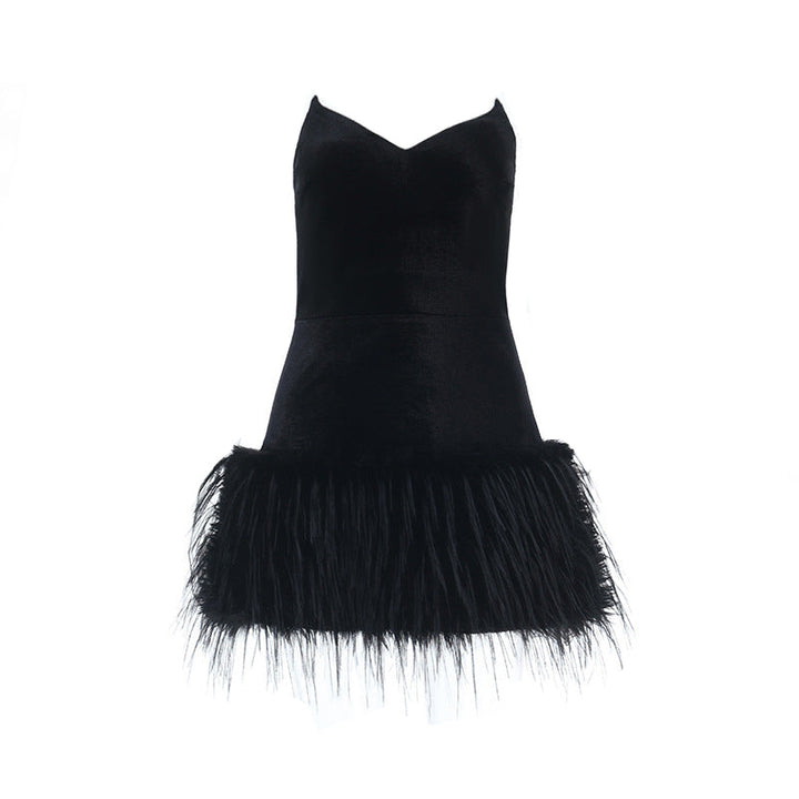 V neck fluffy velvet zip-up mini dress  | Festival Outfits Women