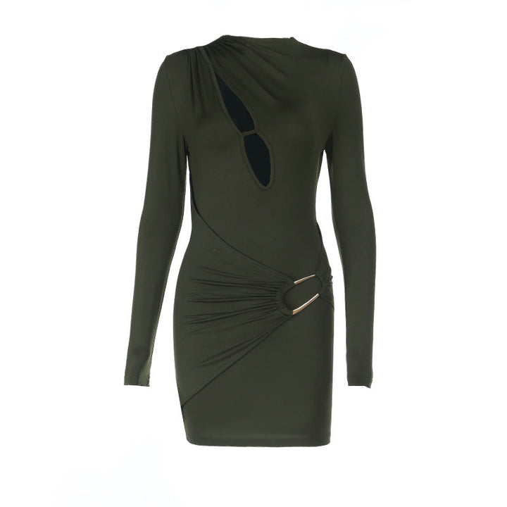 Long sleeve hollow out crewneck solid cut out mini dress  | Festival Outfits Women