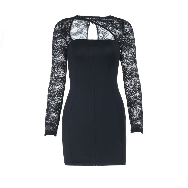 Long sleeve lace patchwork hollow out cut out mini dress  | Festival Outfits Women