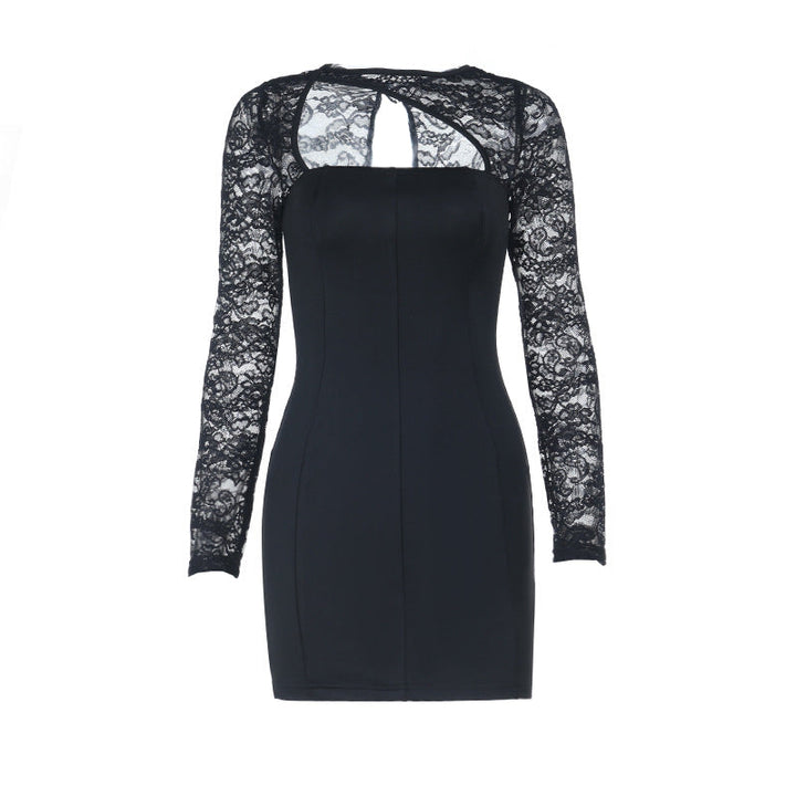 Long sleeve lace patchwork hollow out cut out mini dress  | Festival Outfits Women