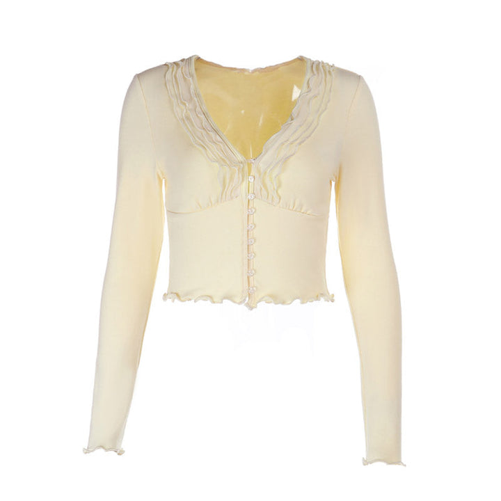 Long sleeve ruffle v neck button solid top  | Festival Outfits Women