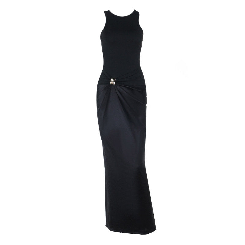 Round neck satin ruched solid maxi dress  | Festival Outfits Women