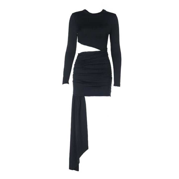Long sleeve crewneck hollow out ruched cut out mini dress  | Festival Outfits Women