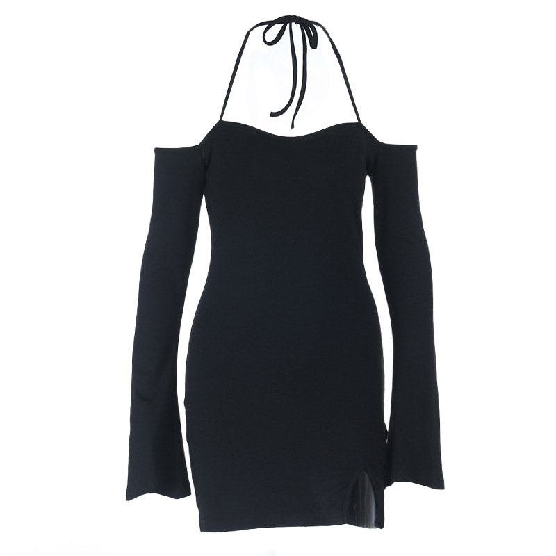 Halter self tie long sleeve off shoulder mini dress  | Festival Outfits Women