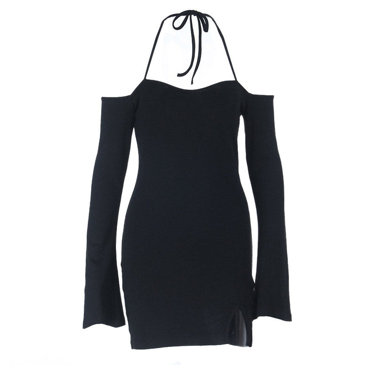 Halter self tie long sleeve off shoulder mini dress  | Festival Outfits Women