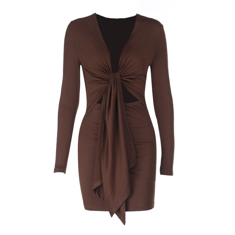 Long sleeve v neck hollow out ruched cut out mini dress  | Festival Outfits Women
