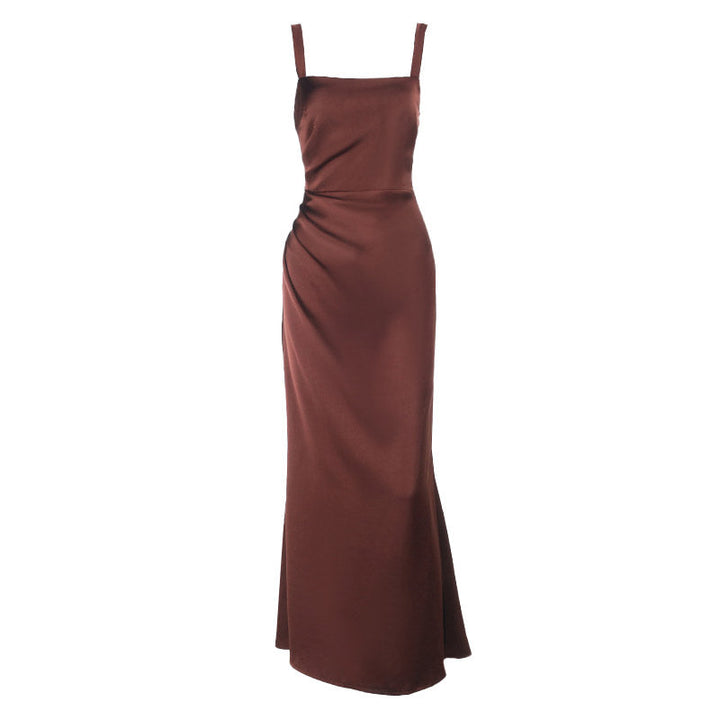 Square neck satin ruched zip-up cami maxi dress  | Festival Outfits Women