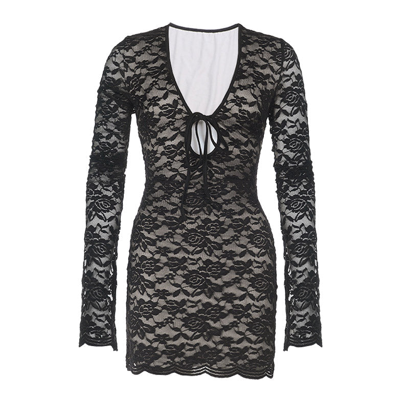 Long sleeve lace self tie hollow out cut out mini dress  | Festival Outfits Women