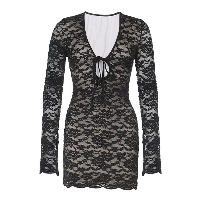 Long sleeve lace self tie hollow out cut out mini dress  | Festival Outfits Women