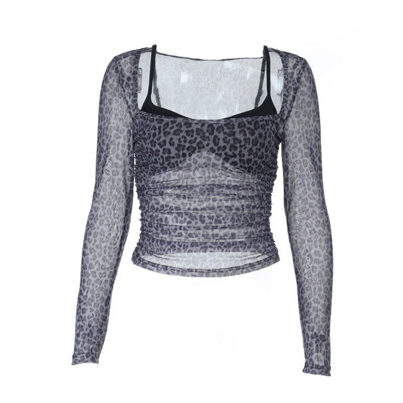 Leopard print long sleeve ruched u neck top  | Festival Outfits Women  | Cheetah Print Top