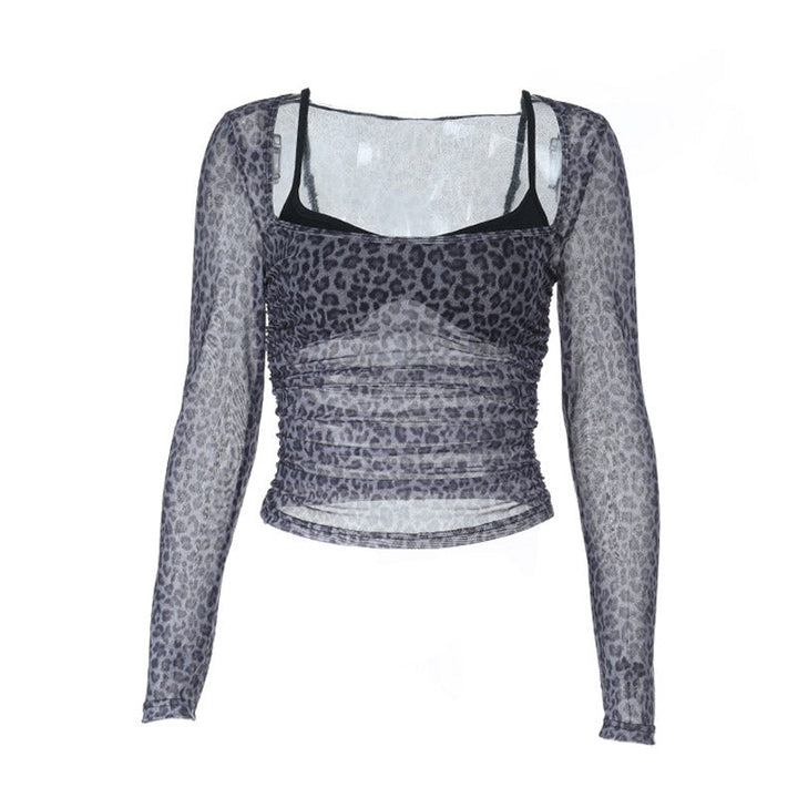 Leopard print long sleeve ruched u neck top  | Festival Outfits Women  | Cheetah Print Top