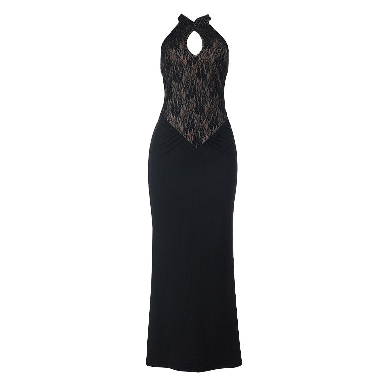 Halter hollow out ruched lace cut out maxi dress  | Festival Outfits Women