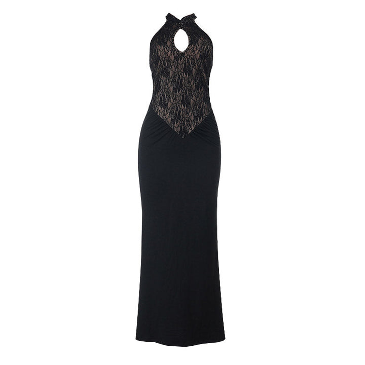 Halter hollow out ruched lace cut out maxi dress  | Festival Outfits Women