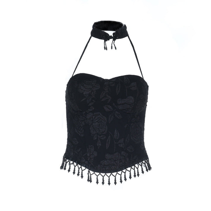 Halter print zip-up beaded backless top  | Festival Outfits Women