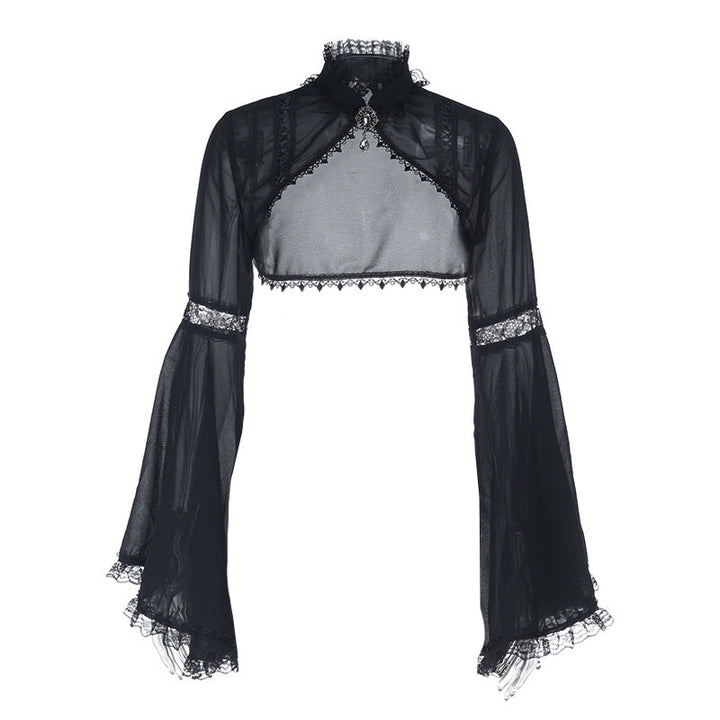 Long flared sleeve high neck lace hem solid top  | Festival Outfits Women