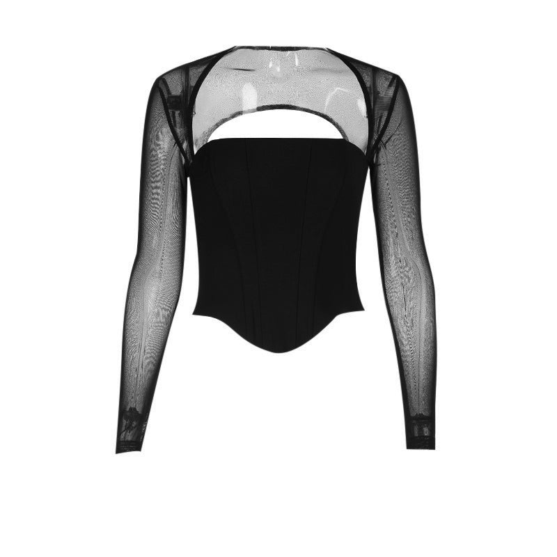 Long sleeve mesh square neck zip-up corset top  | Festival Outfits Women