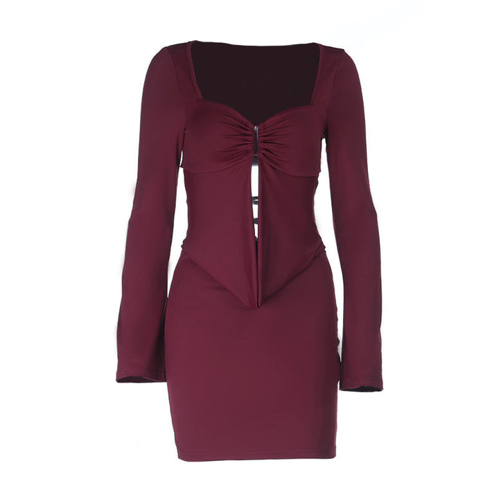 Ruched long sleeve v neck self tie mini dress  | Festival Outfits Women