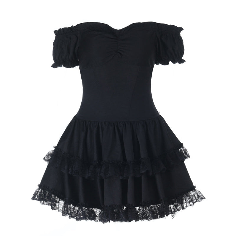 Lace hem off shoulder smocked ruched mini dress  | Festival Outfits Women-final-sale