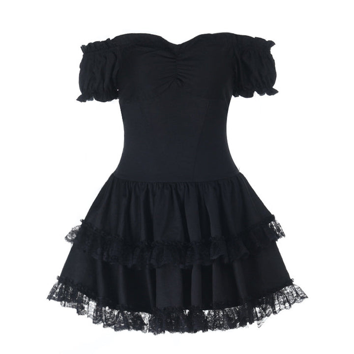 Lace hem off shoulder smocked ruched mini dress  | Festival Outfits Women-final-sale