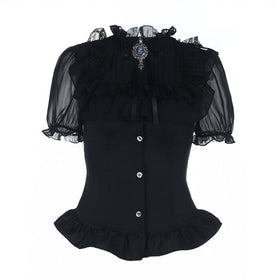 Short sleeve button ruffle lace hem solid top  | Festival Outfits Women