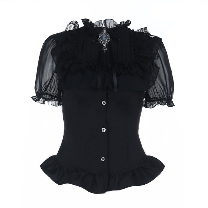 Short sleeve button ruffle lace hem solid top  | Festival Outfits Women